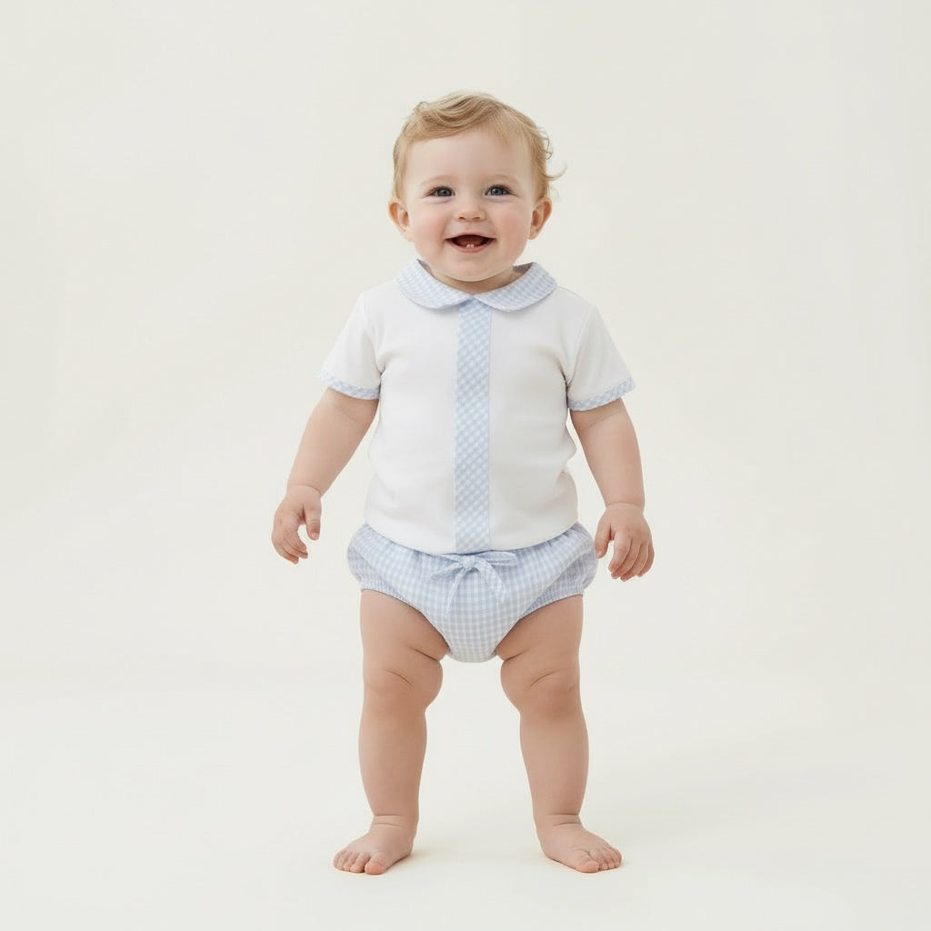 Pastels & Co boys blue and white gingham jam pants set 
