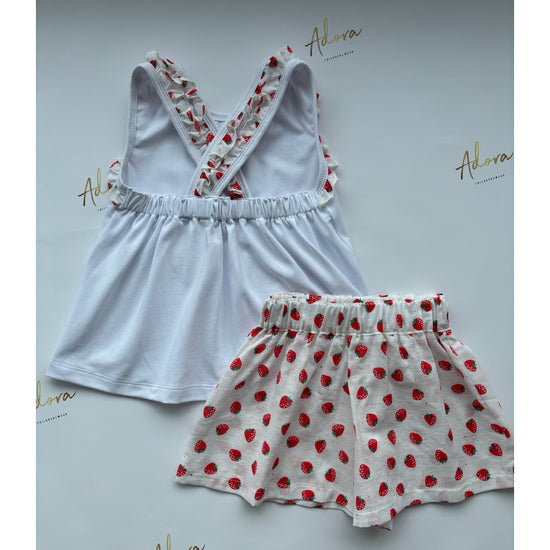 Little girls holiday outfit, a vest and cotton shorts with strawberry print - Adora Childrenswear