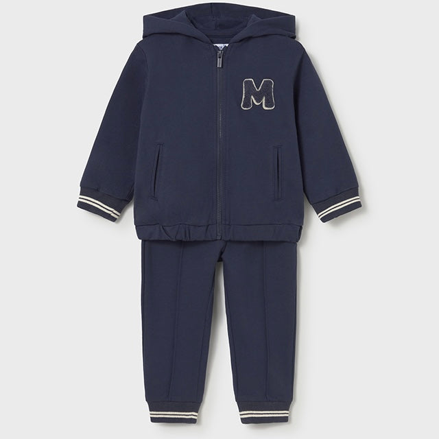 Mayoral boys navy tracksuit with white striped detail on the cuffs and ankles 
