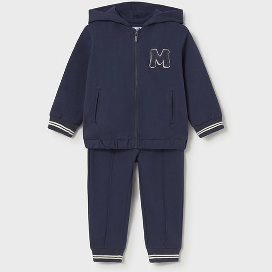 Mayoral boys navy tracksuit with white striped detail on the cuffs and ankles 