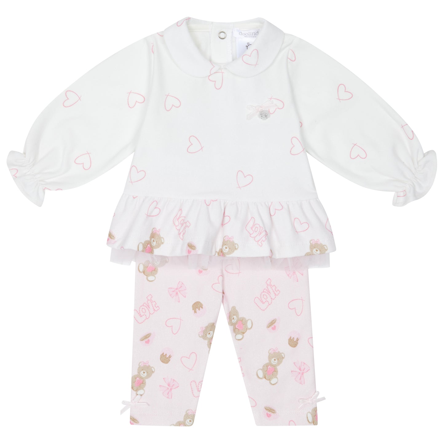 Deolinda baby girls white top and pink leggings with all over Teddy bear print 