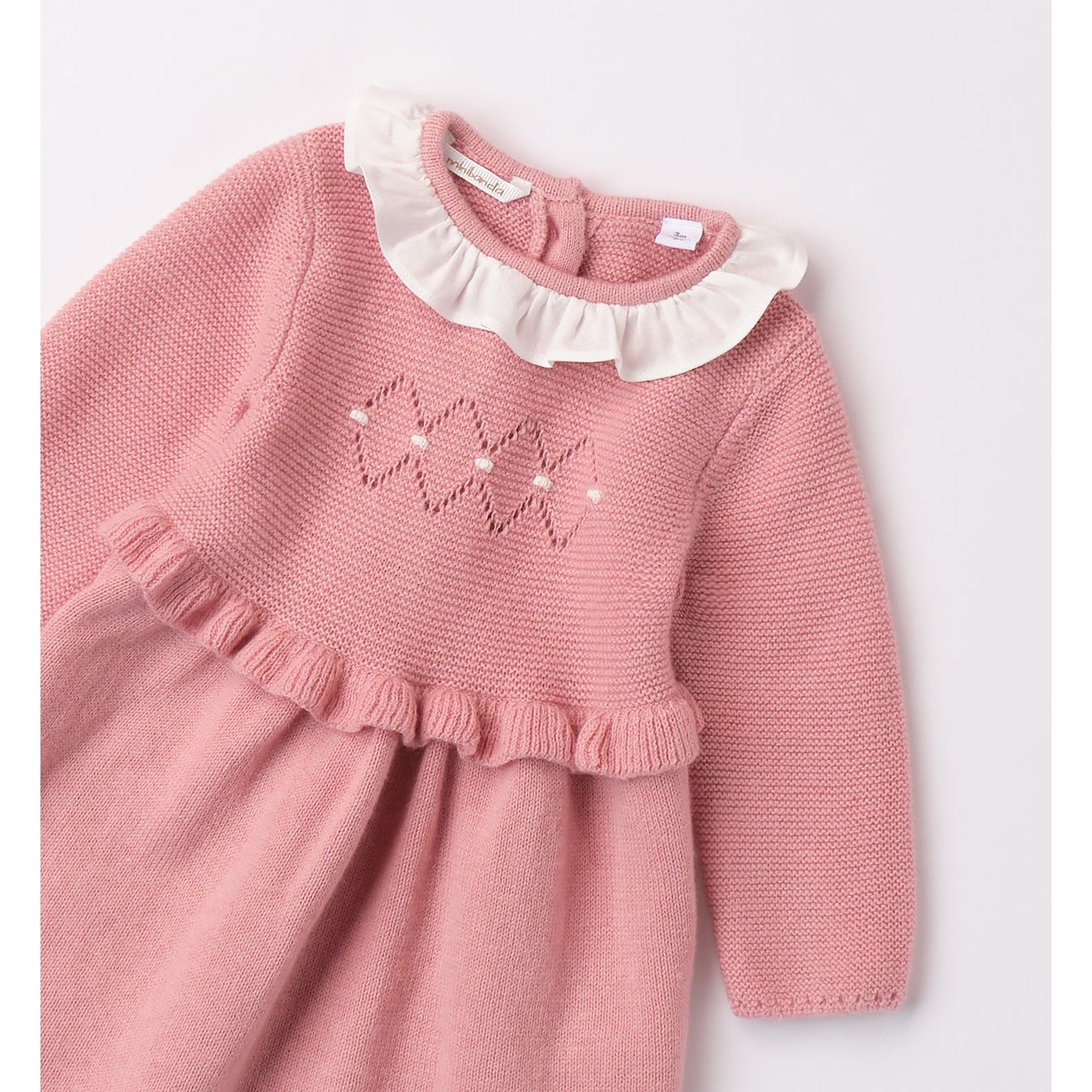 Baby girls dusky pink wool dress with white ruffle collar - Adora Childrenswear