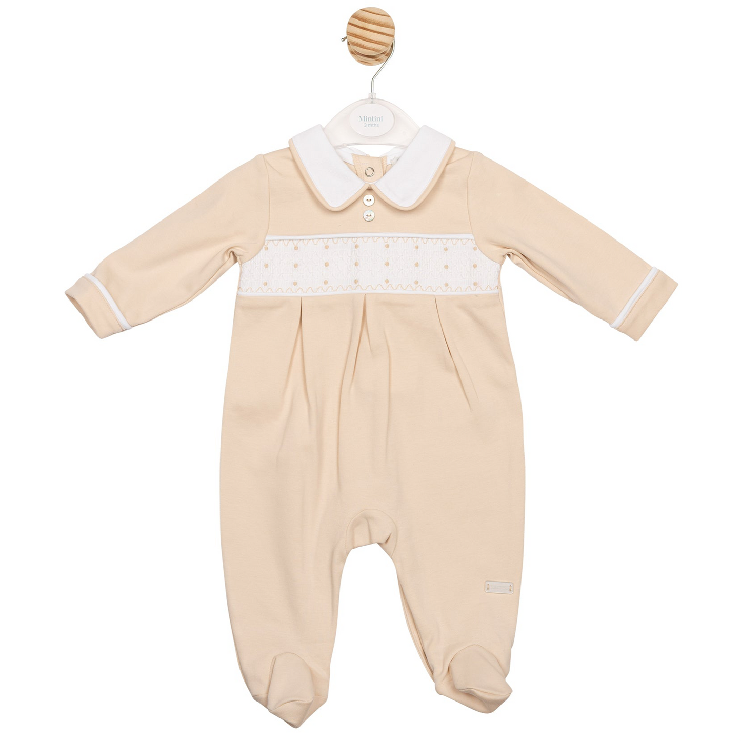 Mintini baby boys beige smocked babygrow 