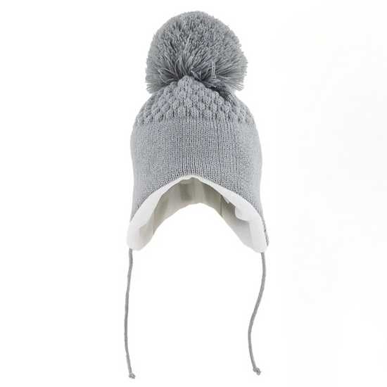 Kids grey knitted pom pom hat with ties under chin - Adora Childrenswear