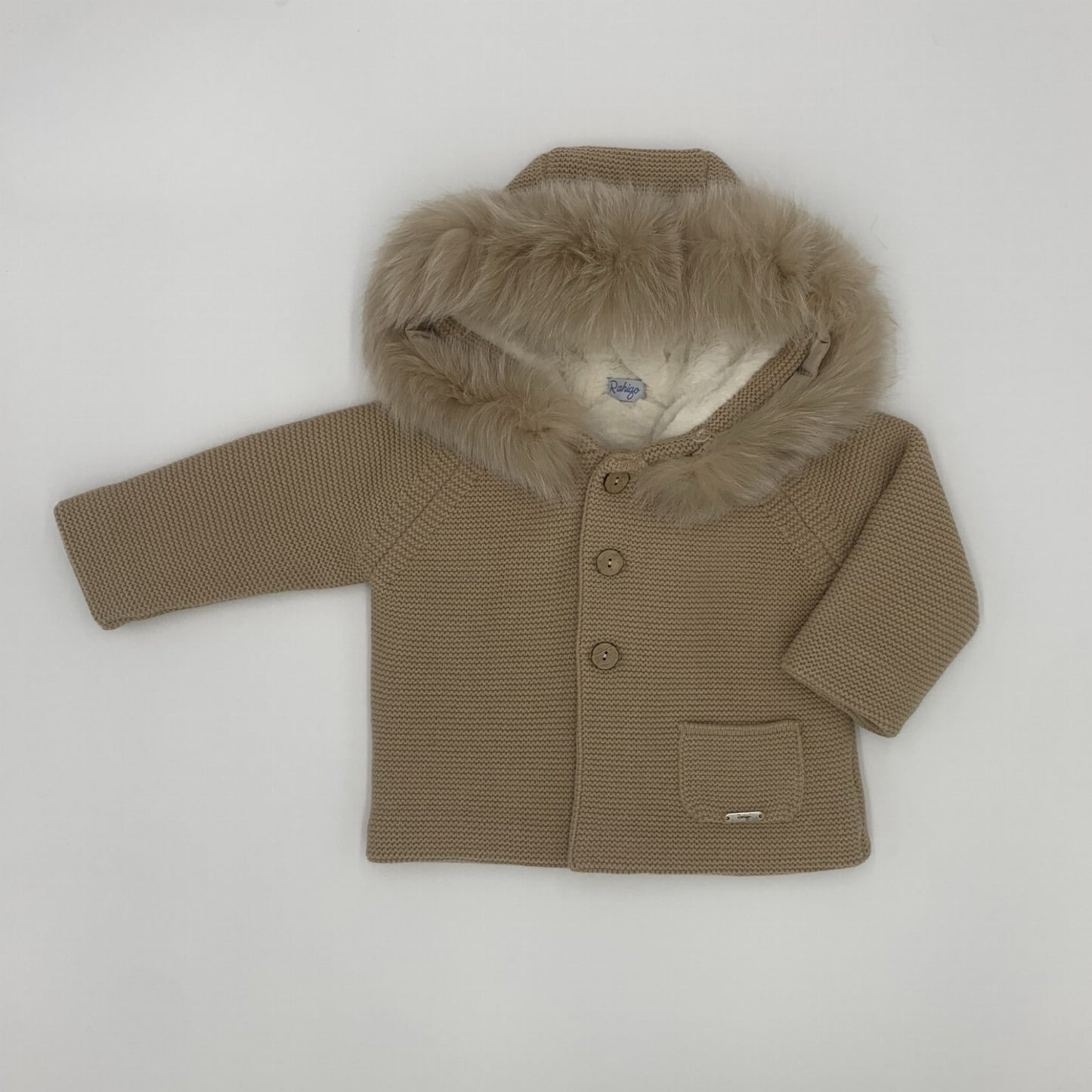 Rahigo knitted unisex coat with large fur hood - Adora Childrenswear