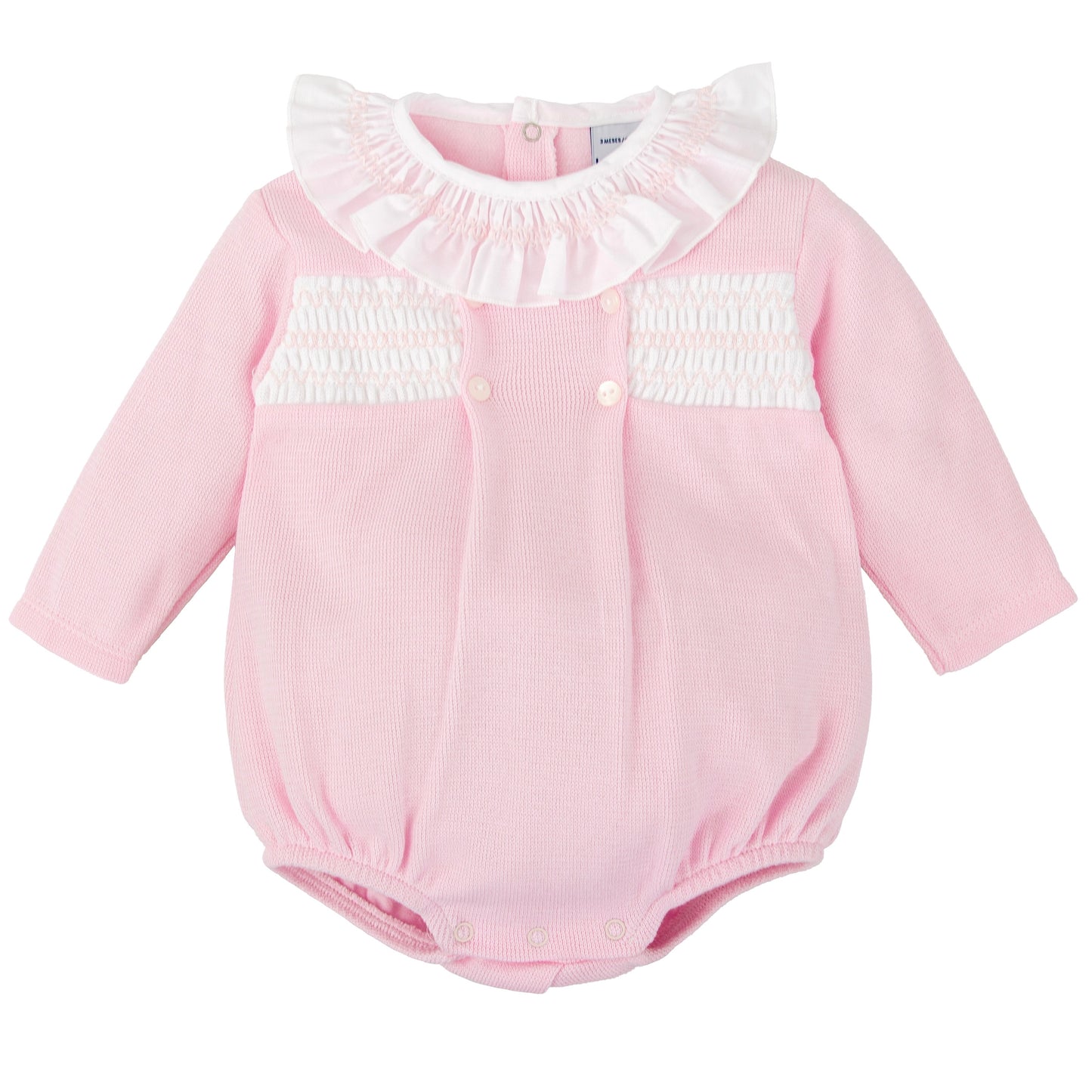 Babidu baby girls pink cotton romper with smocked detailing on chest and collar 