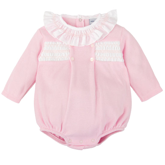 Babidu baby girls pink cotton romper with smocked detailing on chest and collar 