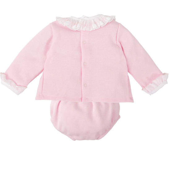 Babidu baby girls pink cotton jam pants set with pretty smocked collar 