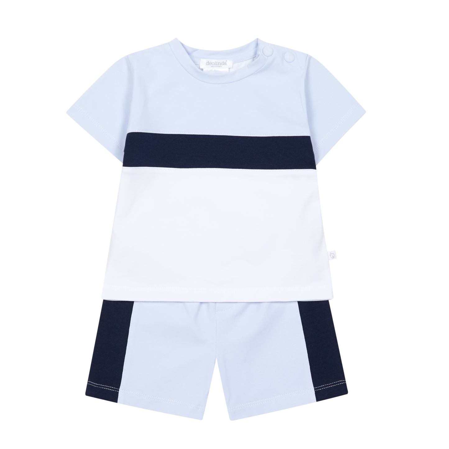 Deolinda boys shorts set in a white, navy and pale blue colour block design 