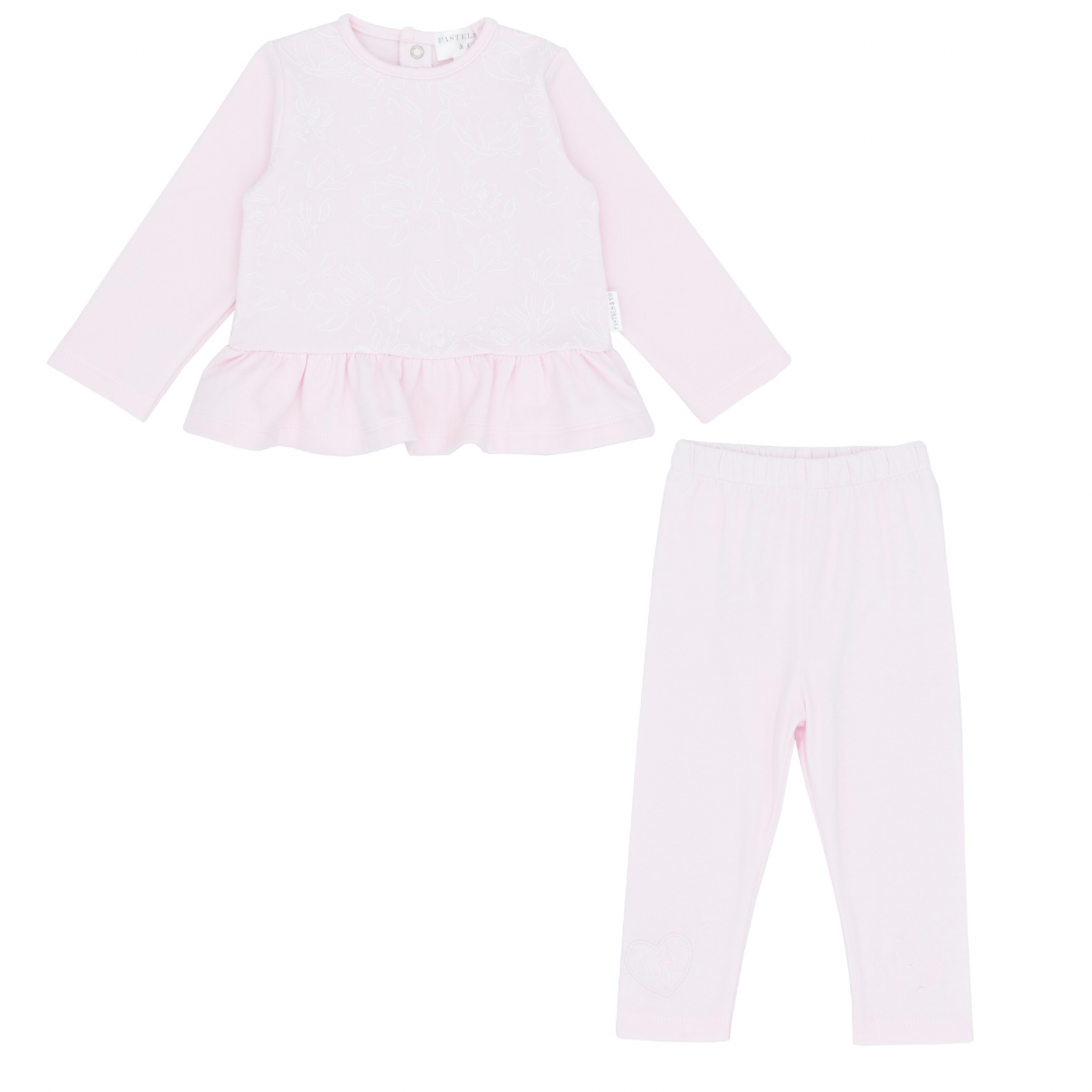 Pastels girls pink leggings and blouse with white floral details