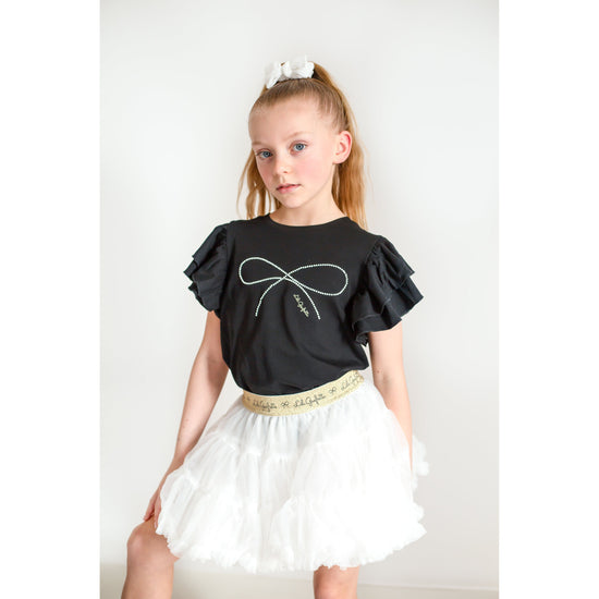 Load image into Gallery viewer, Lily Gaufrette girl black top with pearl bow detailing  

