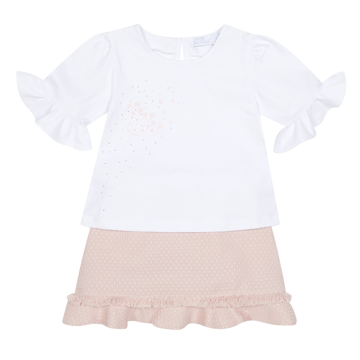 White top with ruffled sleeves and pink skirt on a white background