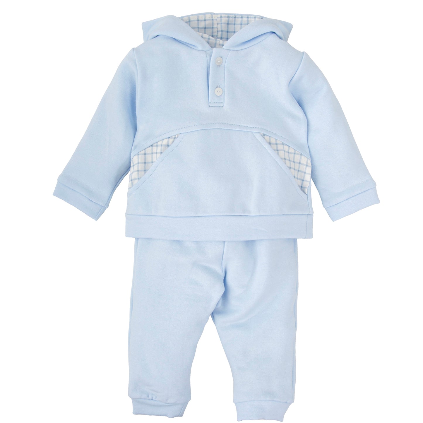 Babidu AW25 boys pale blue cotton tracksuit with hood and check detailing on pockets 