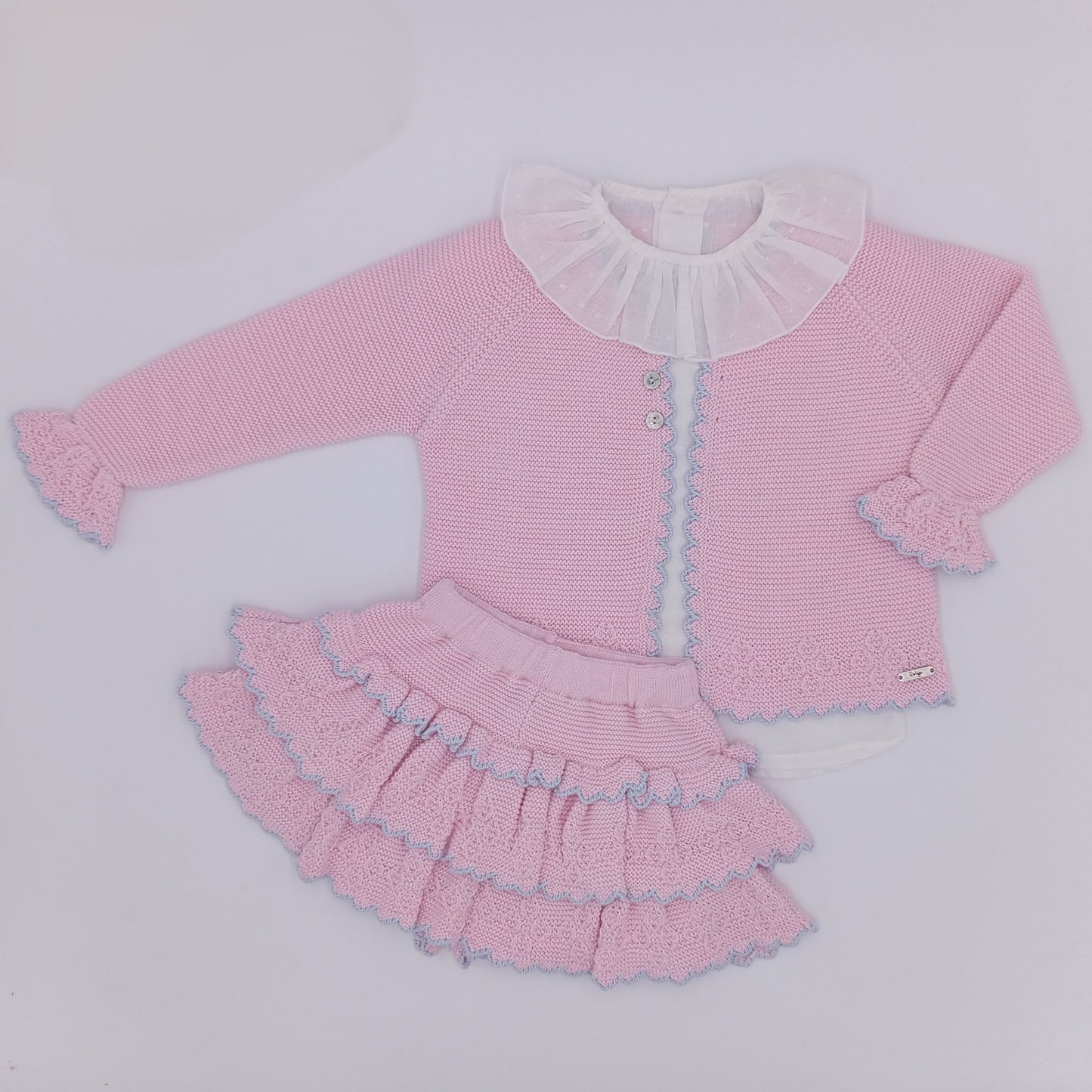 SS26 Rahigo girls baby pink and blue skort, cardigan and frill collared blouse 