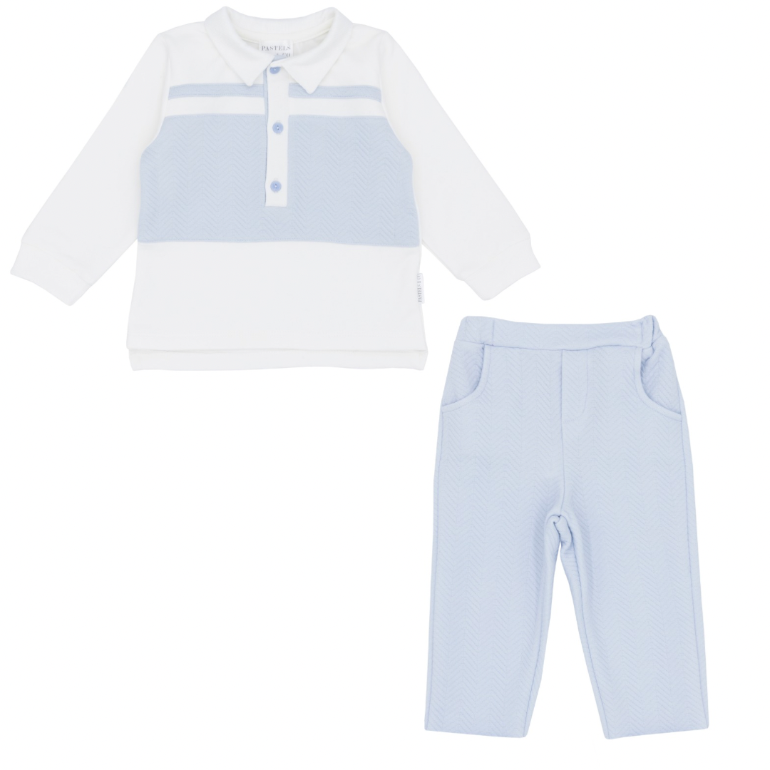 Pastels & co boys white and blue polo top and pants set 
