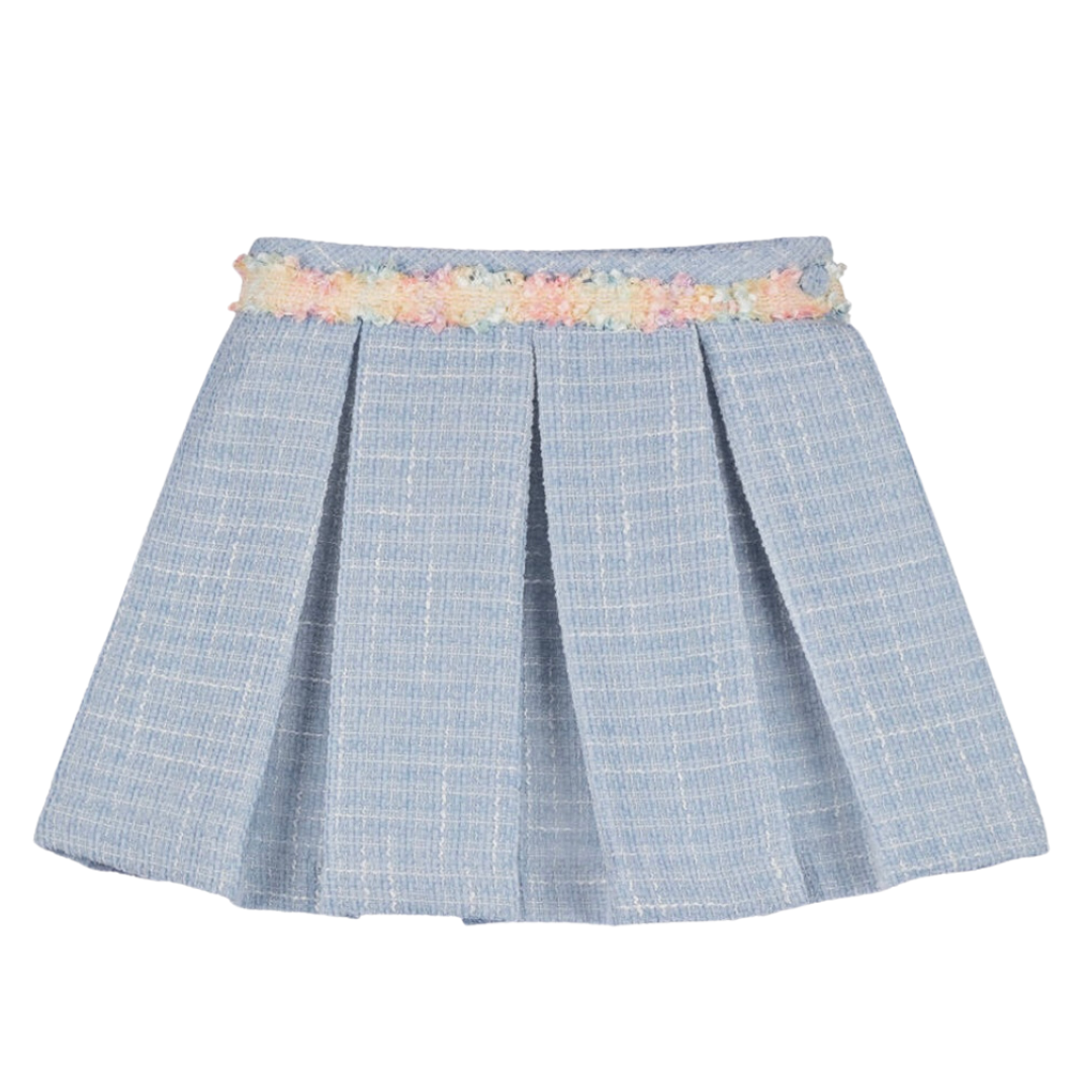 Piccola Speranza girls blue tweed pleated skirt with pastel ribbon waistband - Adora Childrenswear