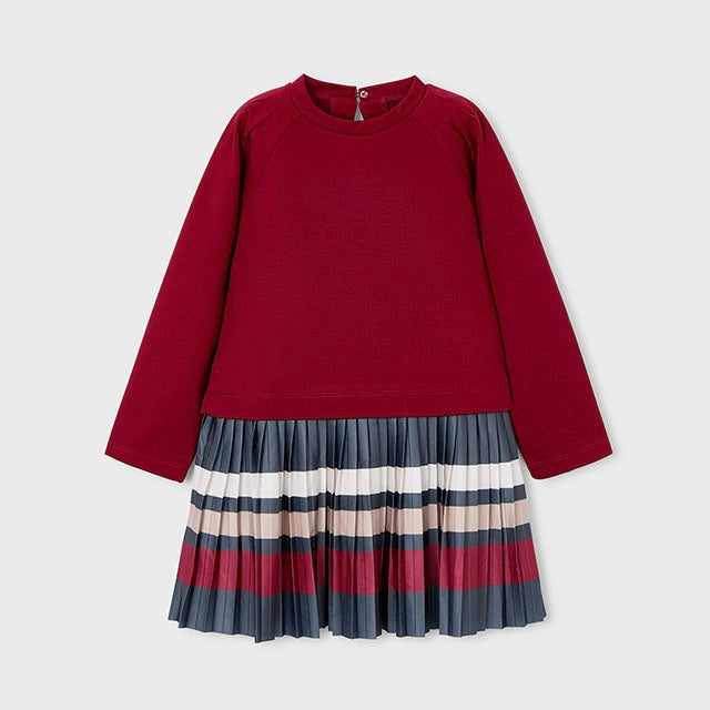 Mayoral girls red dress with grey and beige pleated skirt 