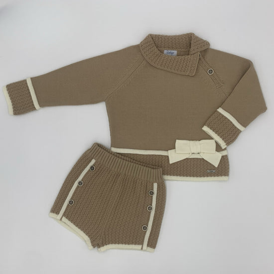 Little girls knitted shorts and jumper in camel and cream by Rahigo Kidswear