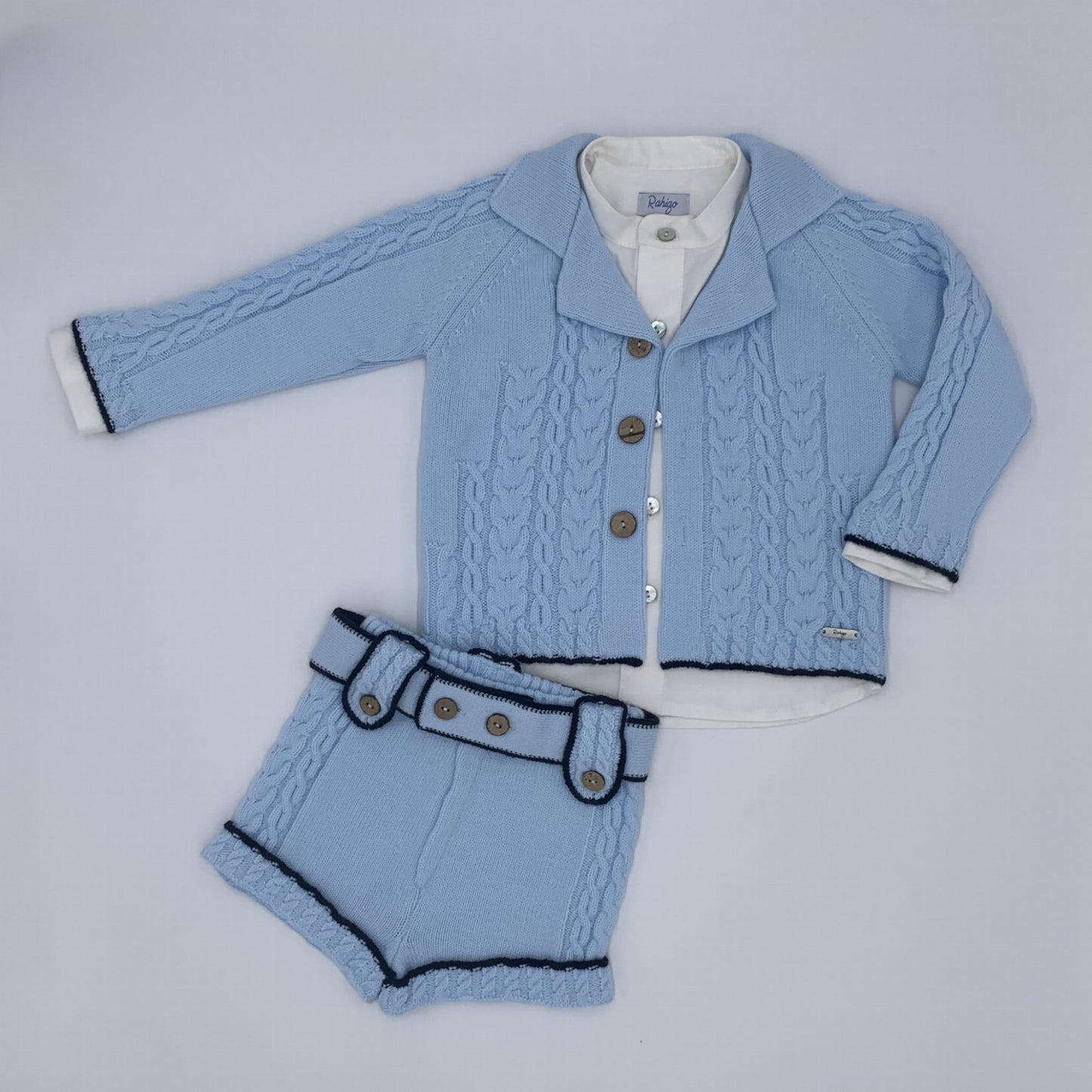 Rahigo boys baby blue and navy knitted shorts and cardigan. Also includes a smart white shirt 