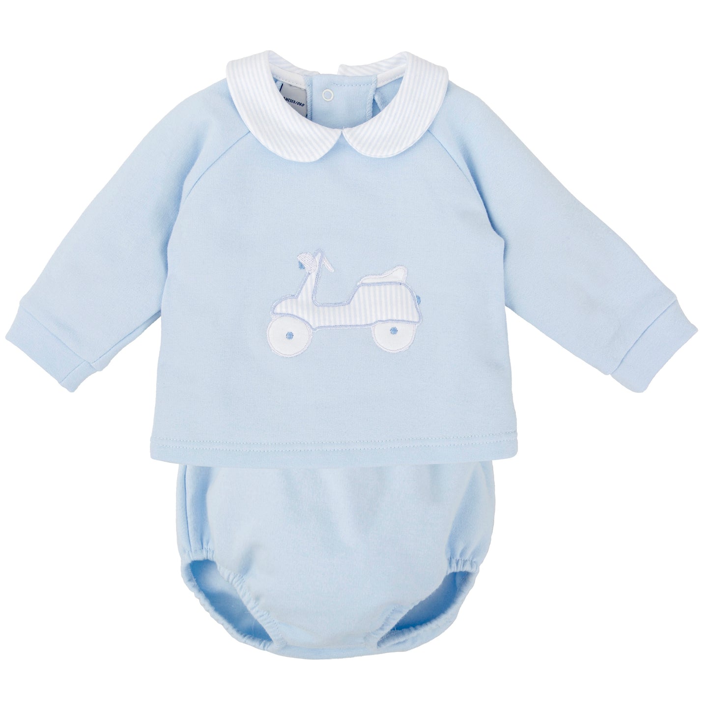 Babidu pale blue jam pants set for boys with pinstripe collar and car detail on the front 