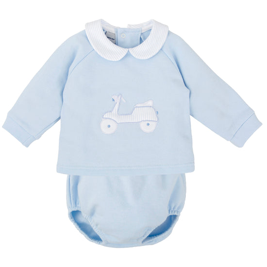 Babidu pale blue jam pants set for boys with pinstripe collar and car detail on the front 