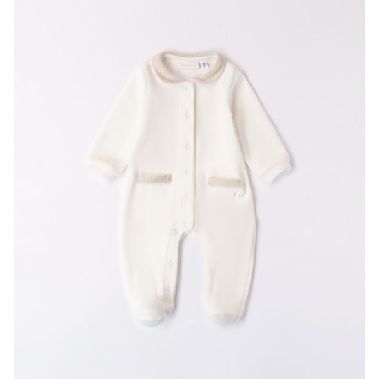 Cream velour baby grow with beige details by Minibanda - Adora Childrenswear