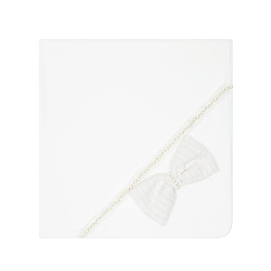 Deolinda baby girl ivory velour baby blanket with tweed bow and pearl details 