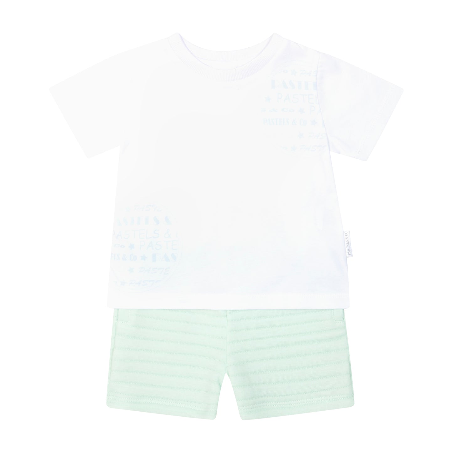Pastels & Co boys white t shirt and mint green shorts 