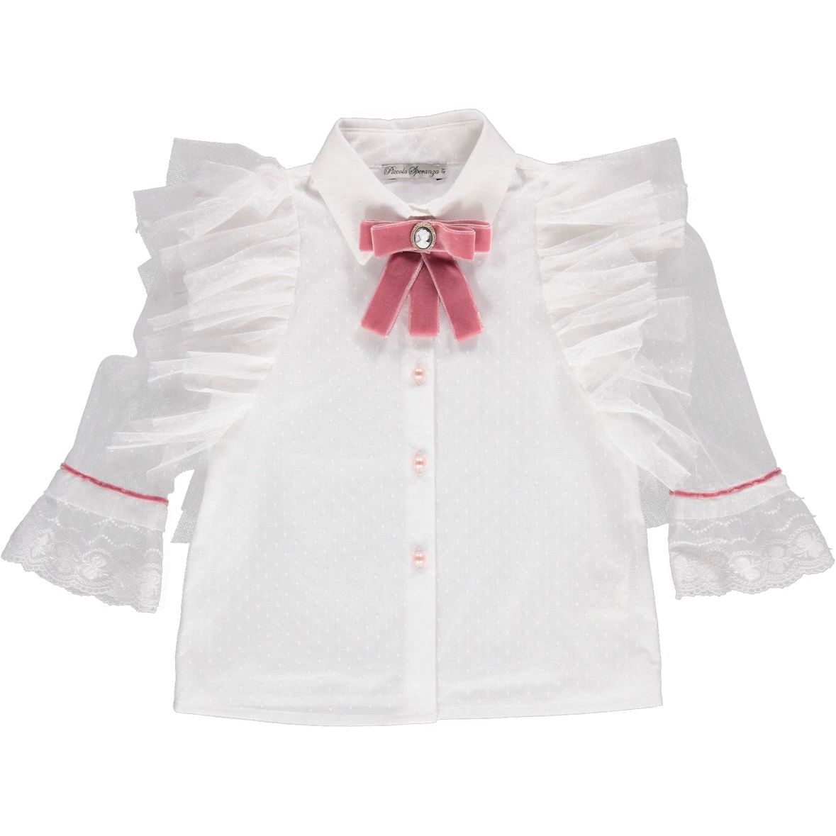 Load image into Gallery viewer, Girls white tulle blouse with pink velvet bow

