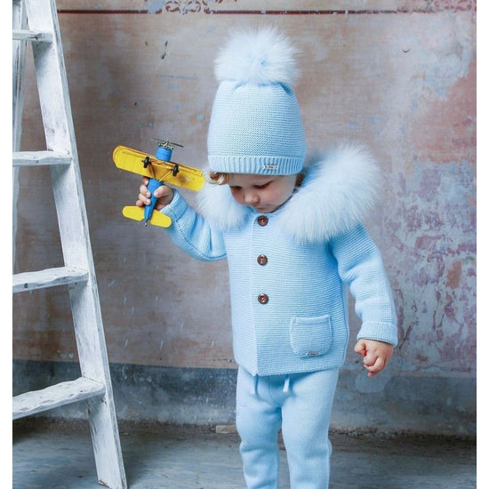 Load image into Gallery viewer, Pale Blue Knitted Coat With Fur Hood 3254 - Lala Kids 
