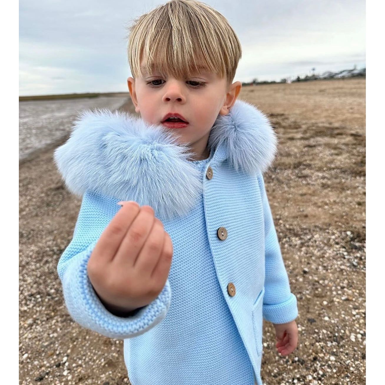 Baby Blue Knitted Cardigan Coat With Fur Hood 3834