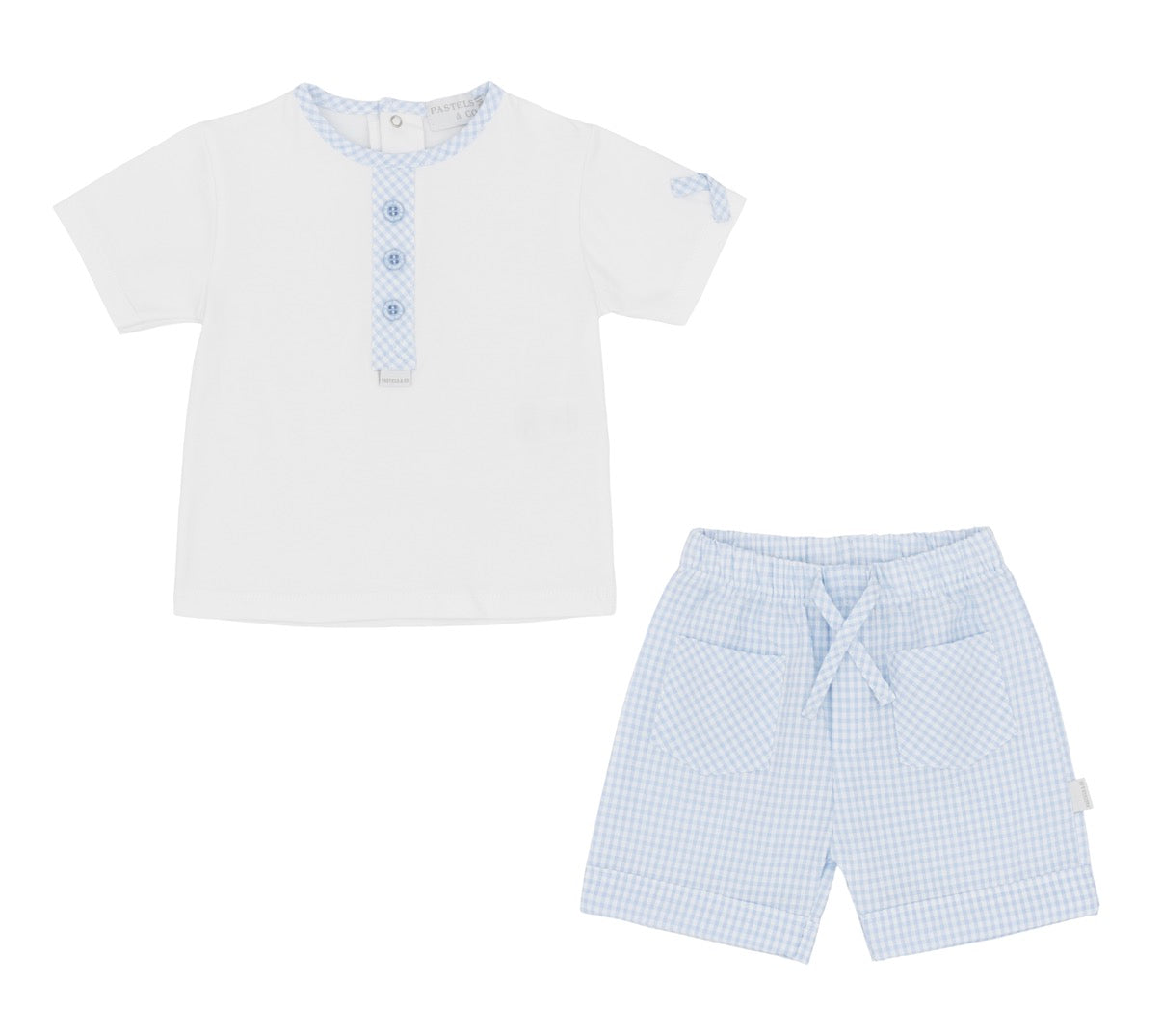Pastels & Co boys pale blue and white gingham shorts set 