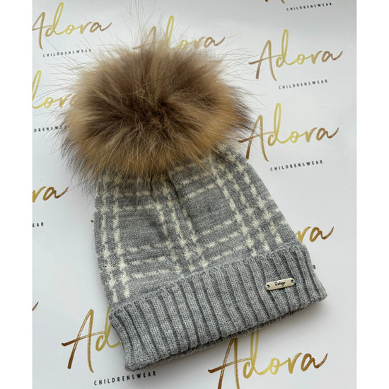 Rahigo grey and cream fur Pom hat