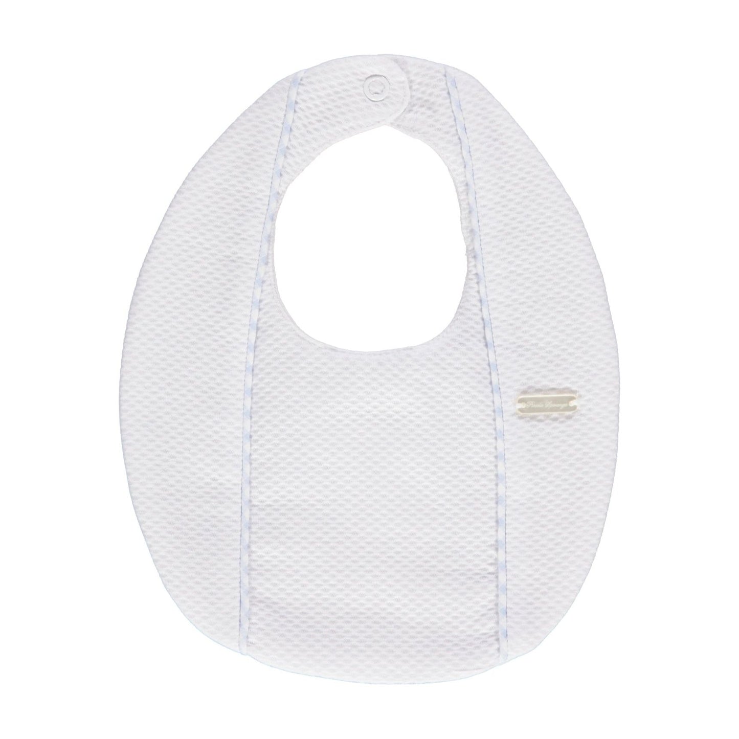 White cotton bib for baby boys with pale blue print
