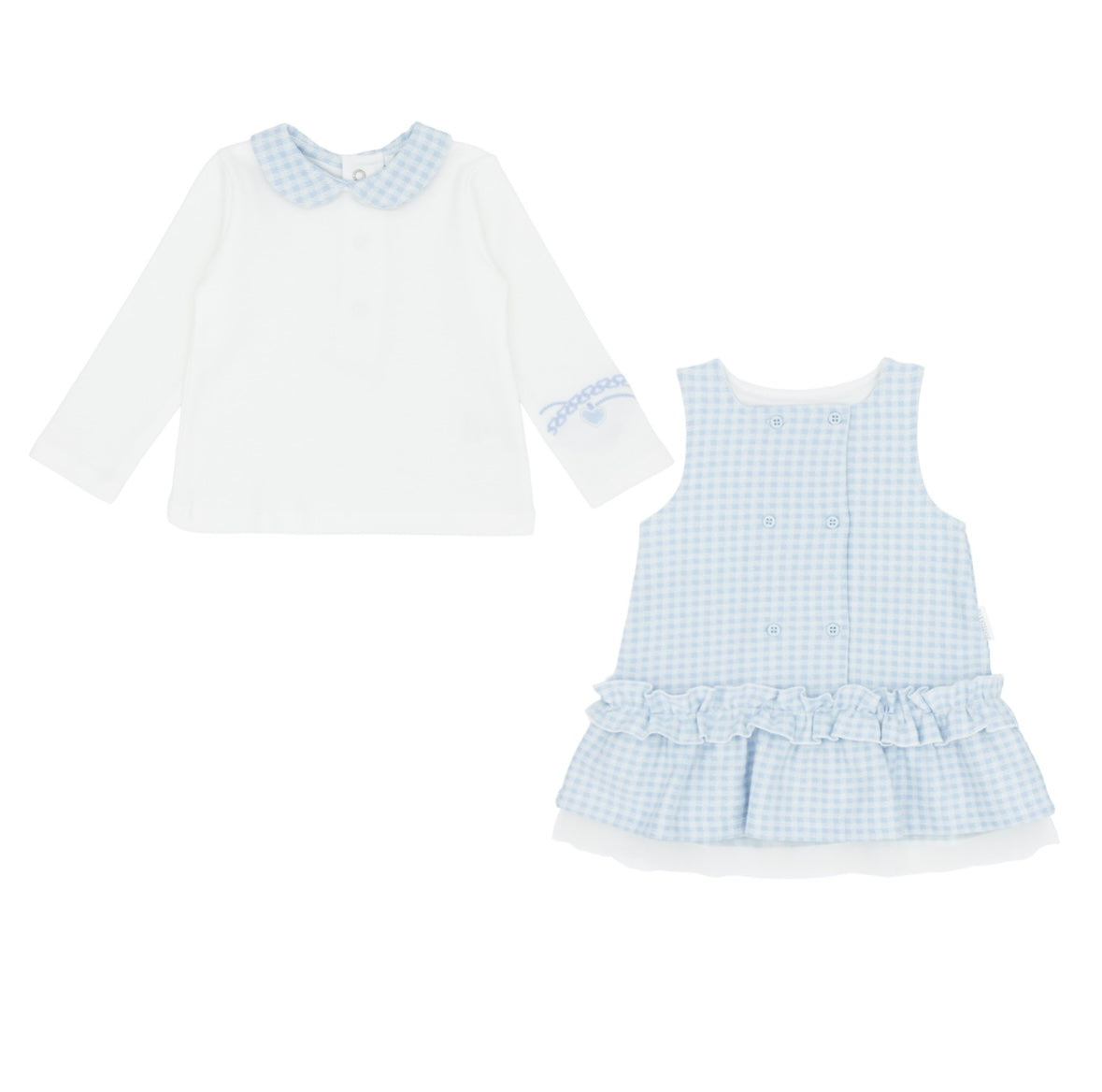 Pastels & Co blue and white dogtooth pinafore dress and matching white blouse 