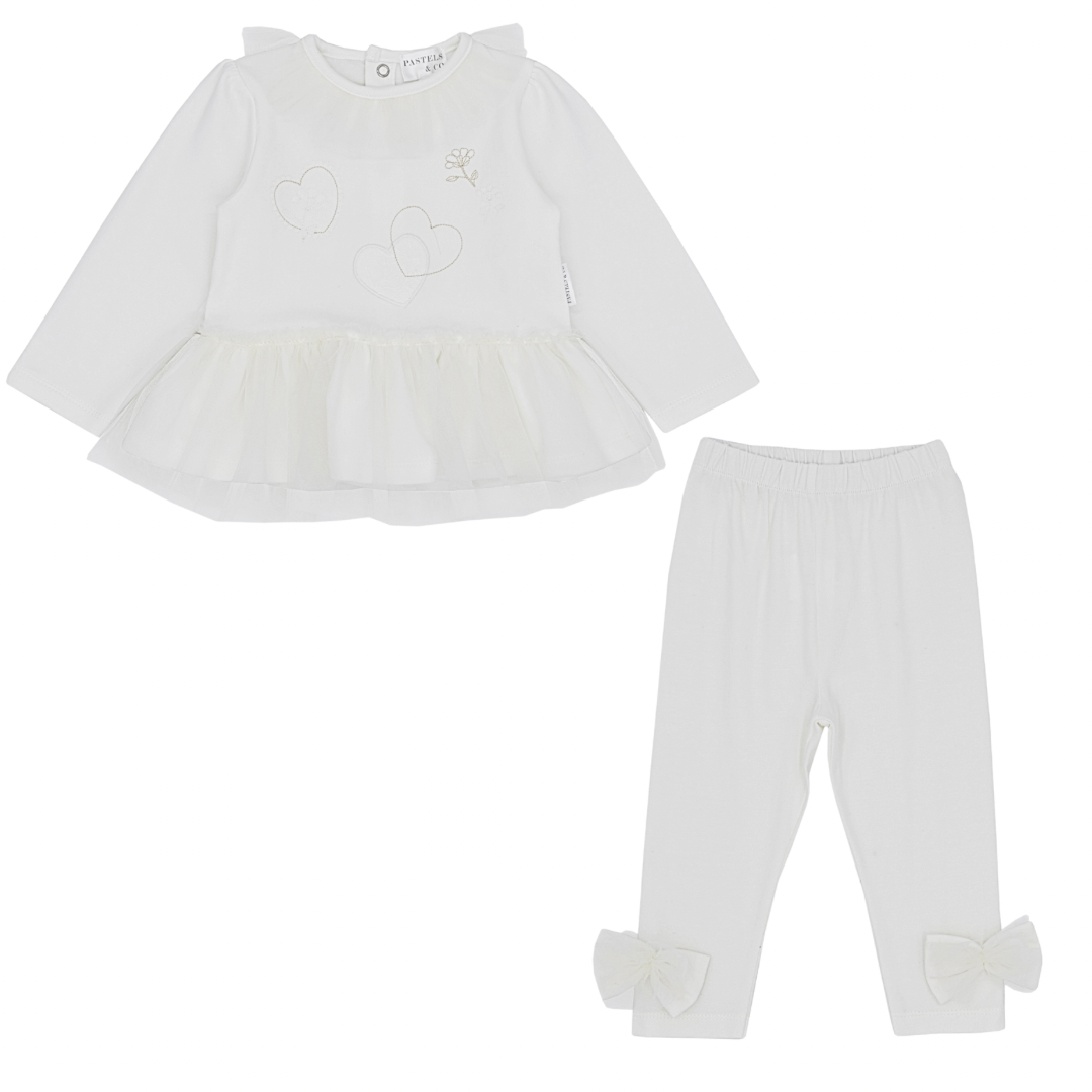 Pastels girls ivory tulle leggings set with gold embroidery 