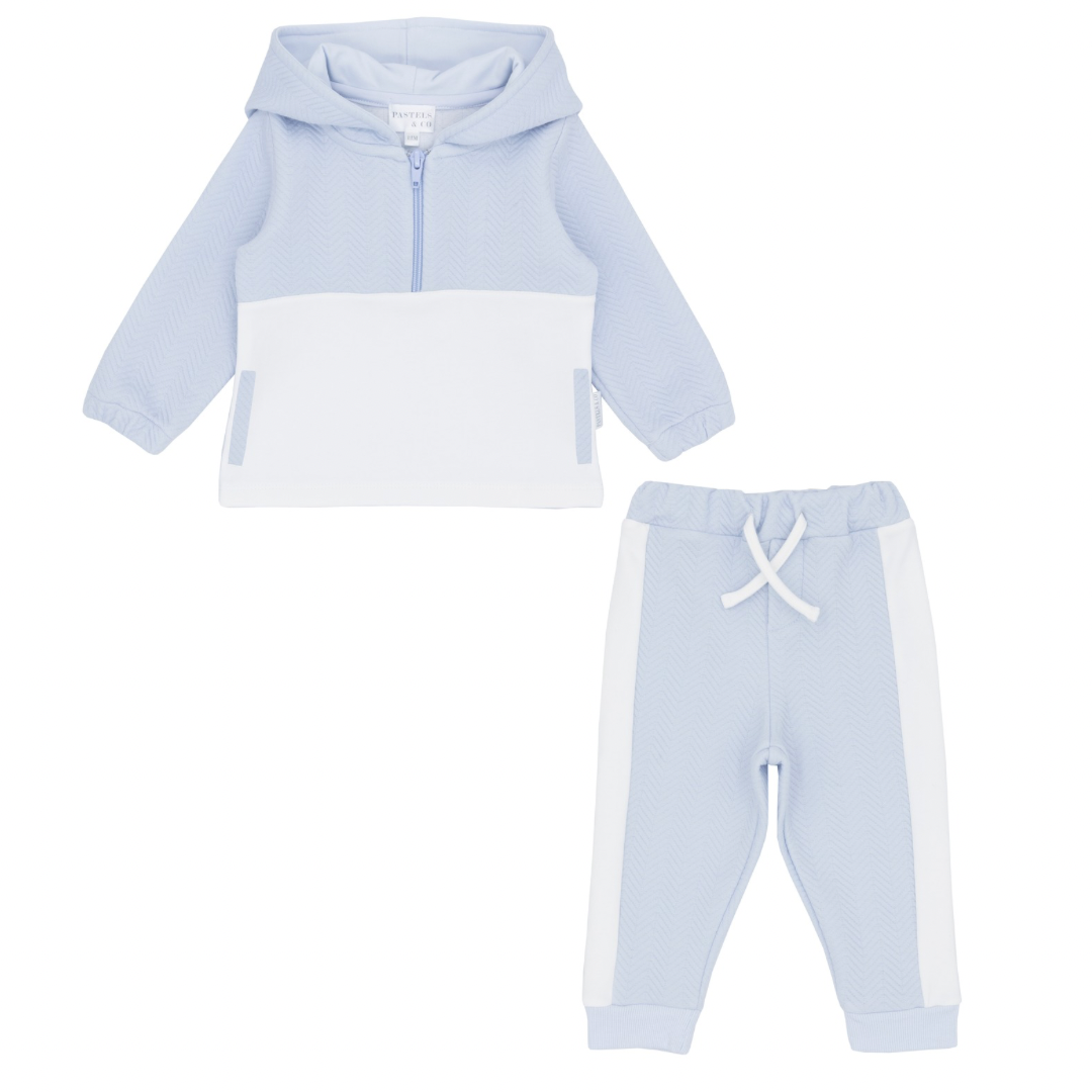 Pastels & co boys blue and white colour block hoodie and jogging bottoms 