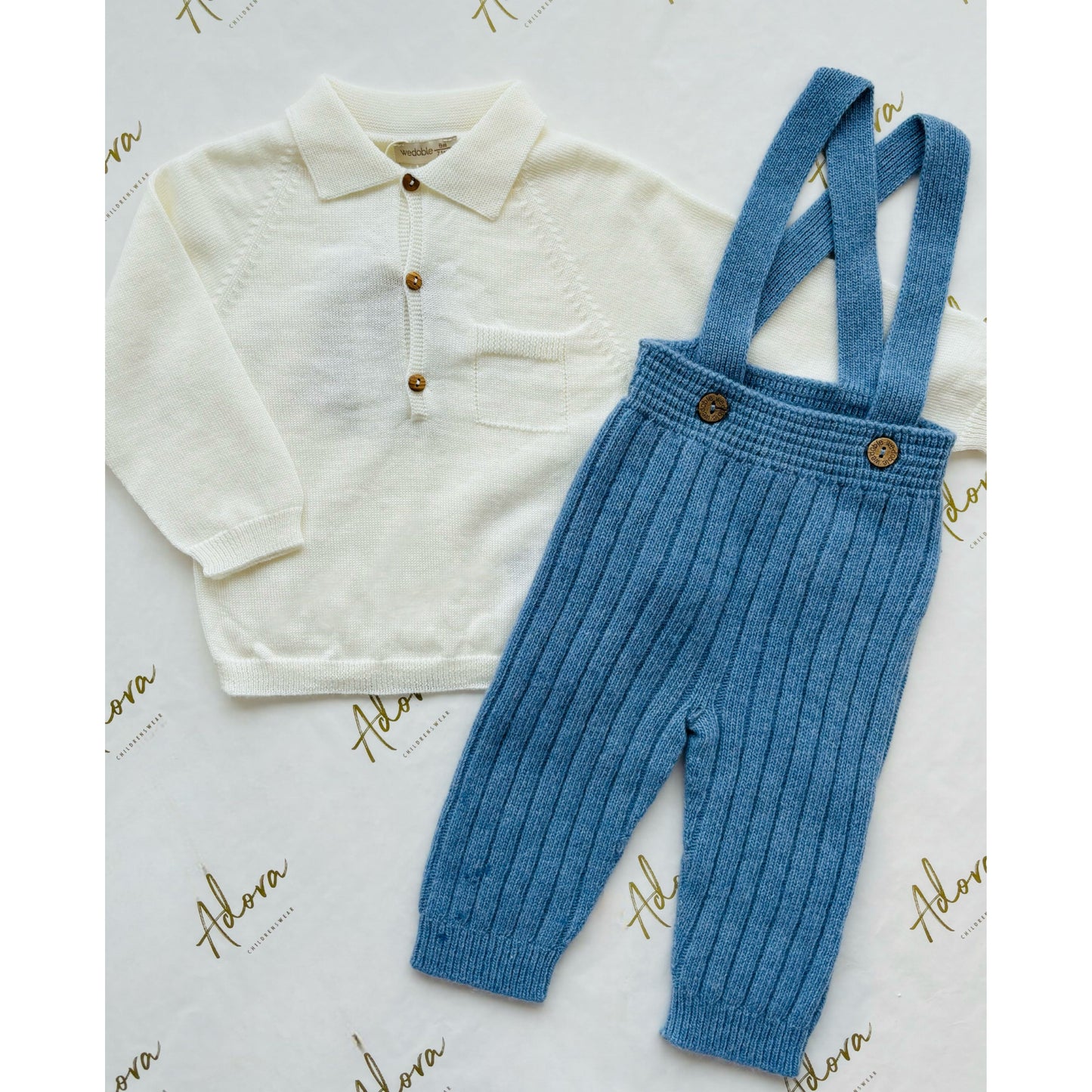 Boys cream merino wool polo top and blue dungarees