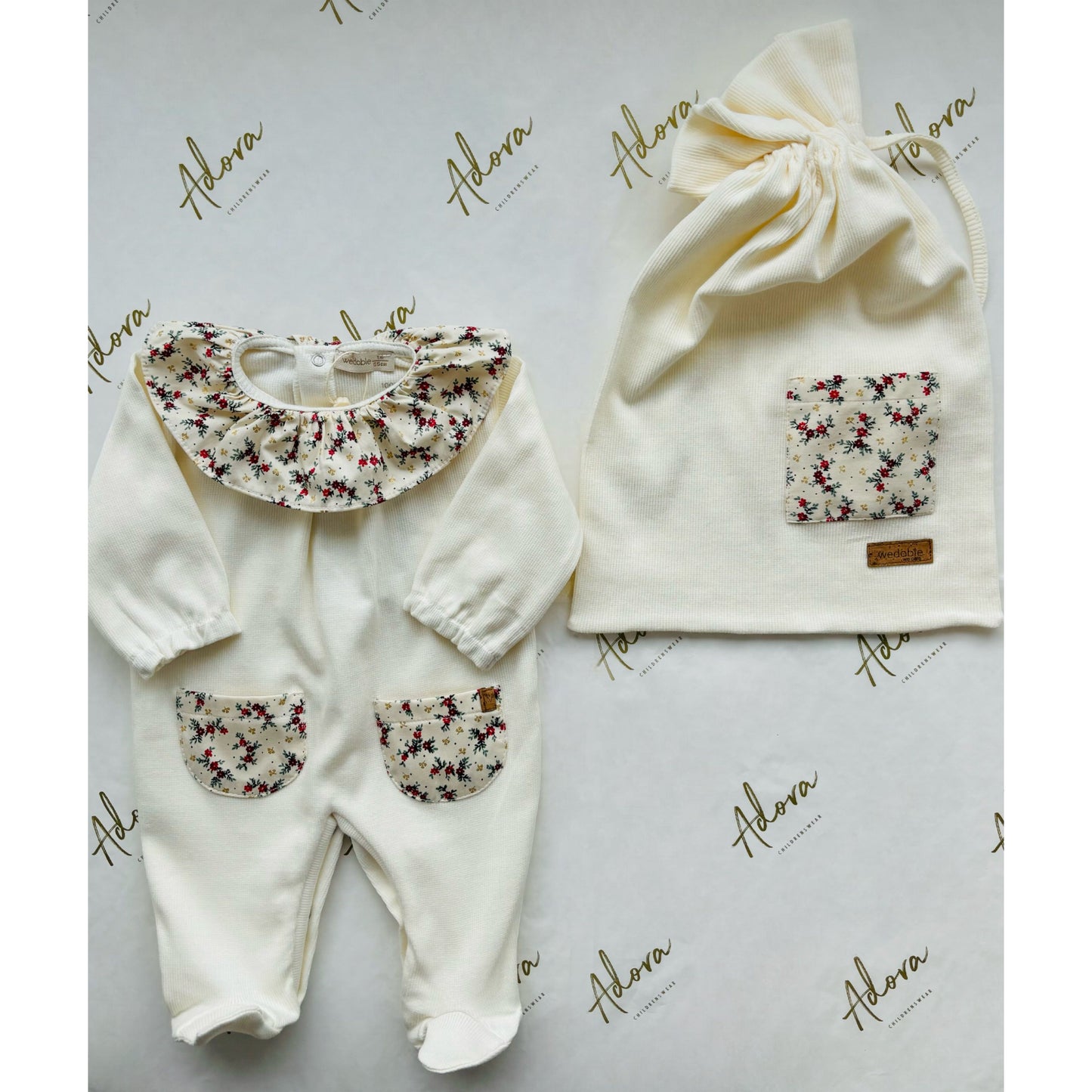 Cream cotton baby grow with floral collar - Wedoble