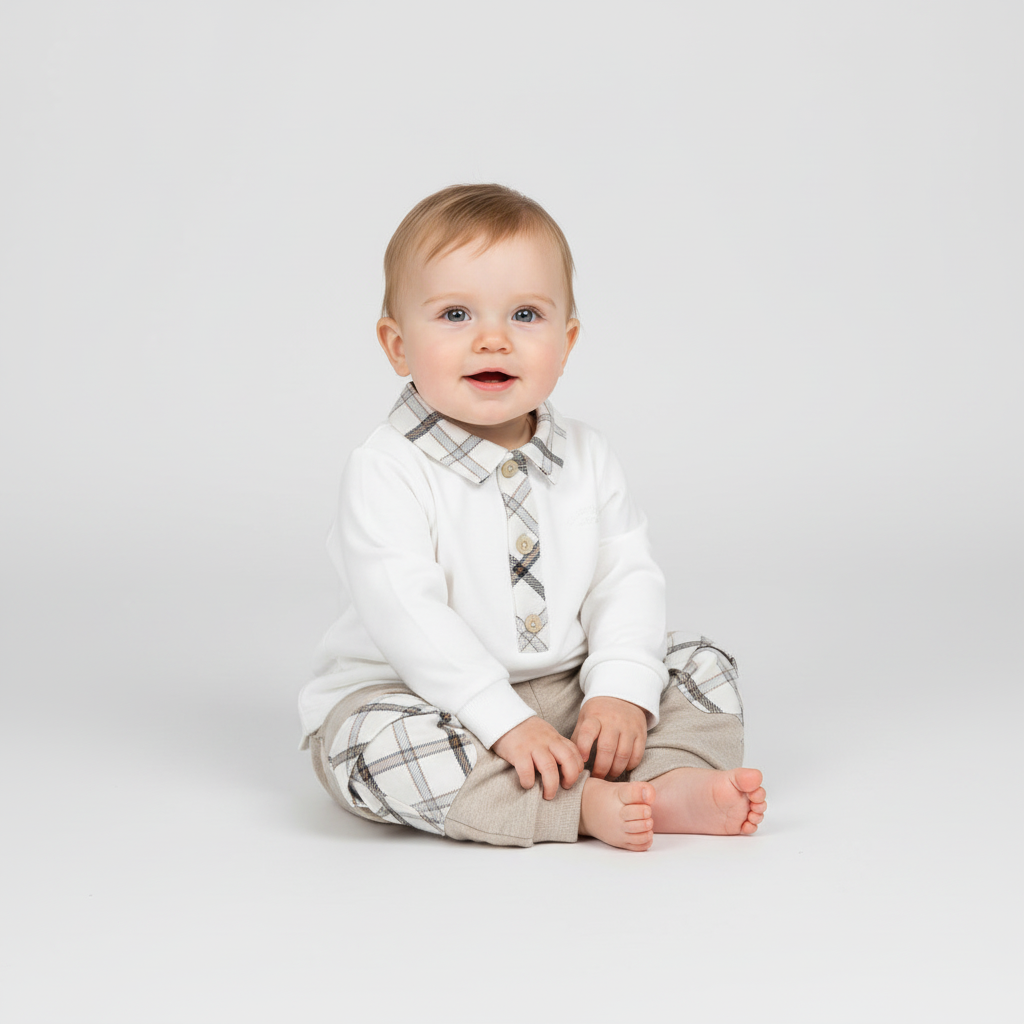 Cream and Beige Polo Top and Pants Set 9524