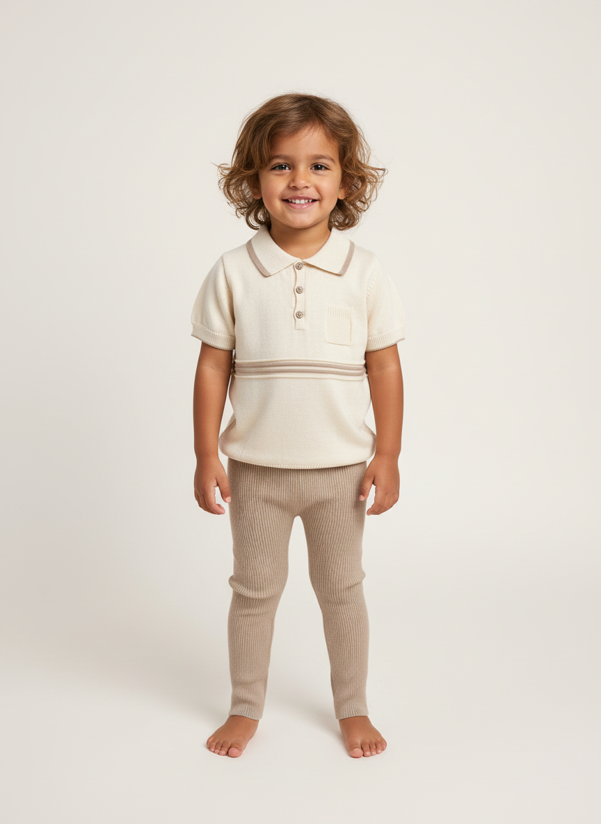 Cream Cotton Polo Top and Brown Leggings 7080