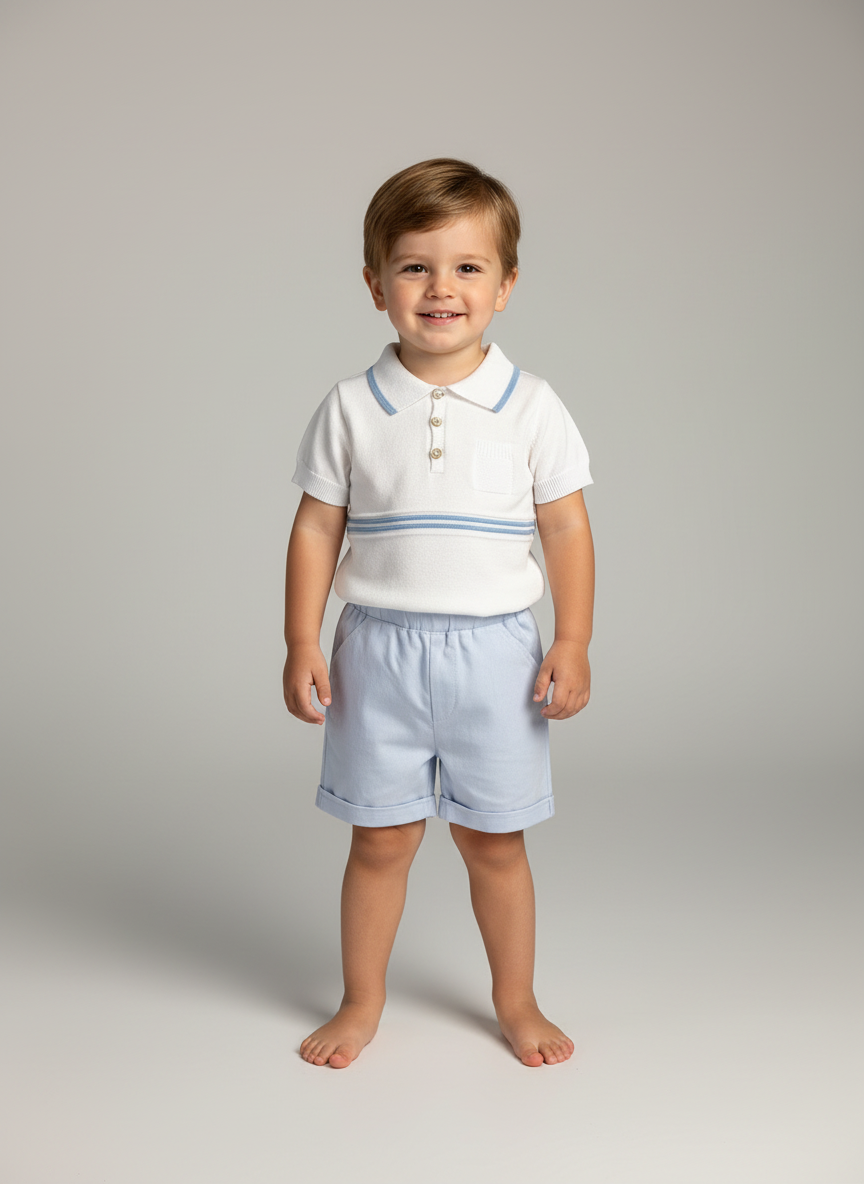 White Polo Top and Long Pale Blue Shorts 7073
