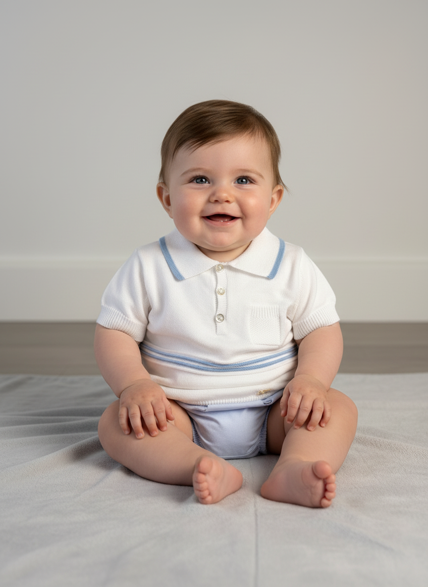 White Polo Top and Pale Blue Shorts 7072