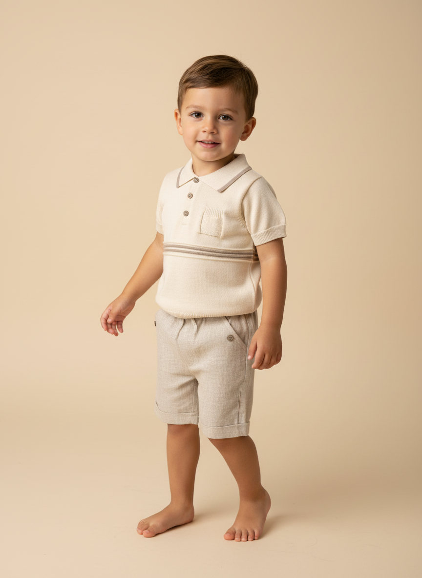 Cream and Beige Cotton Polo Top and Long Beige Shorts 7079
