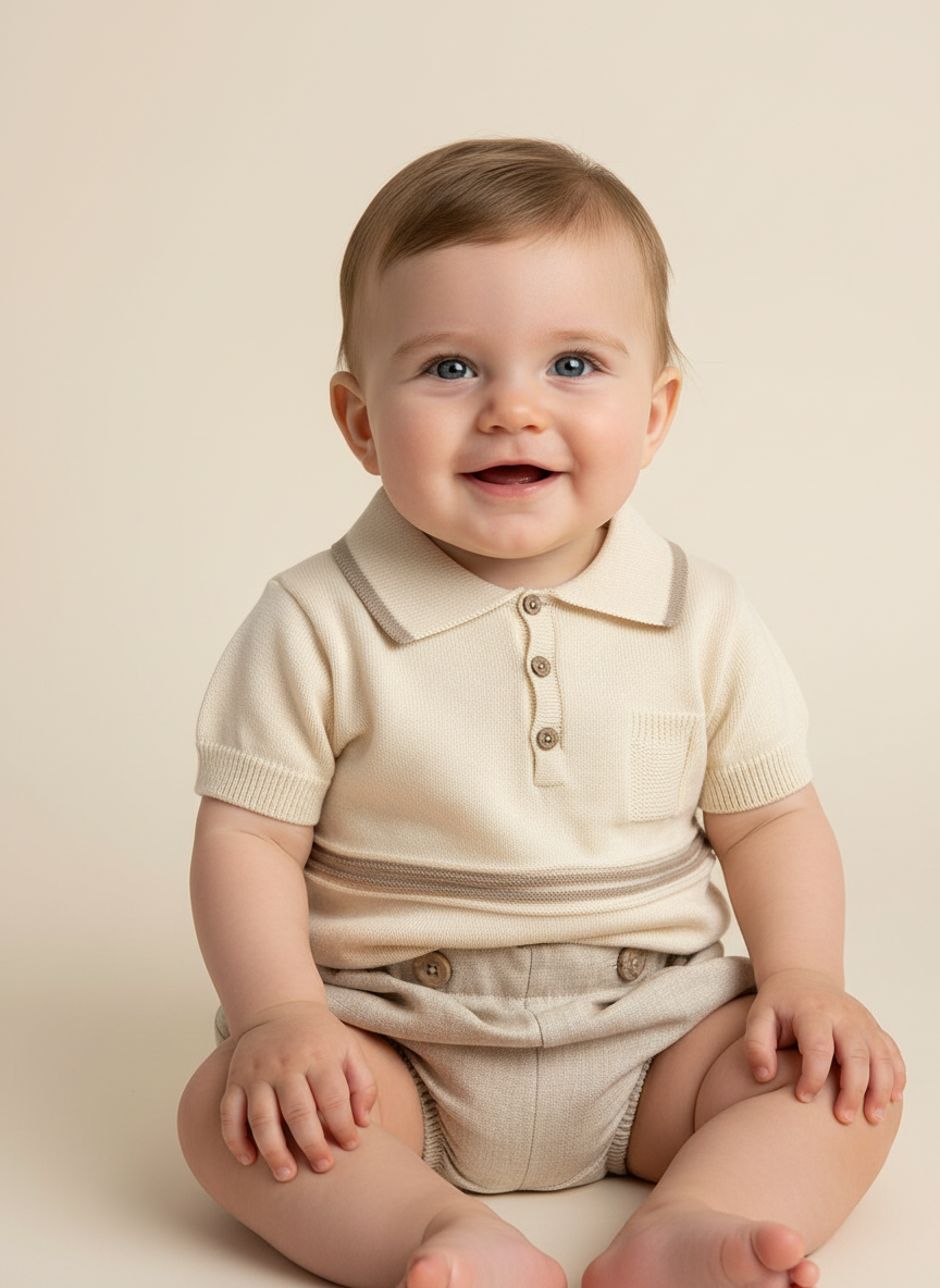 Cream and Beige Polo Top and Beige Shorts 7078