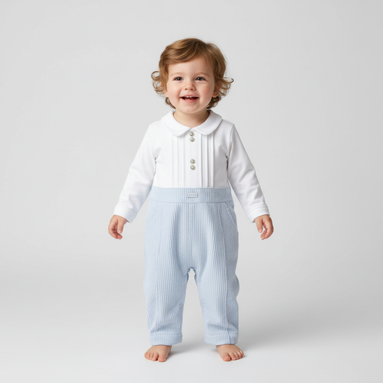 White and Blue Corduroy Romper 9655