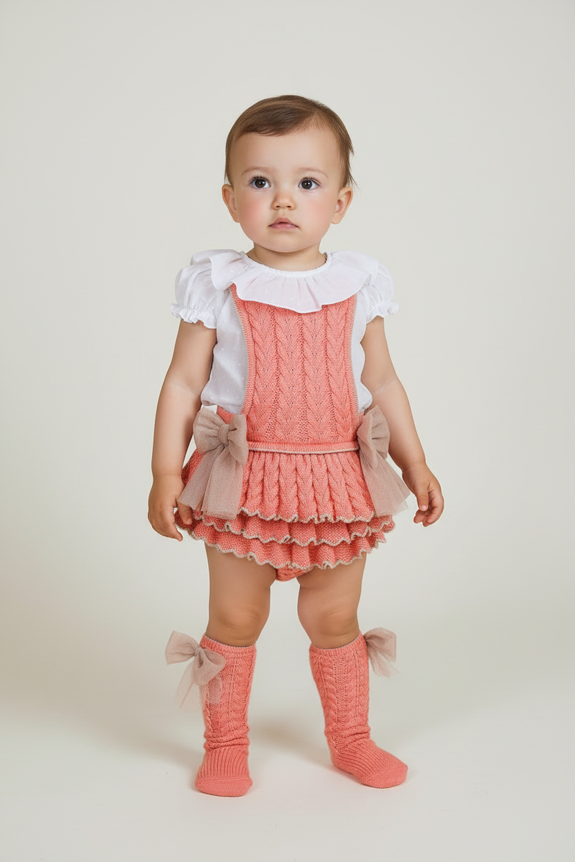 Rahigo baby girls salmon pink and camel romper with white grill collar blouse 
