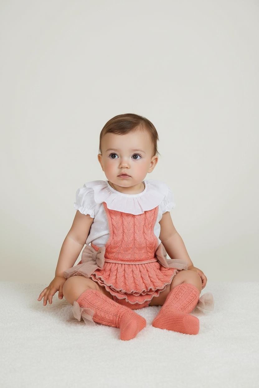 Rahigo baby girls salmon pink and camel romper with white grill collar blouse 