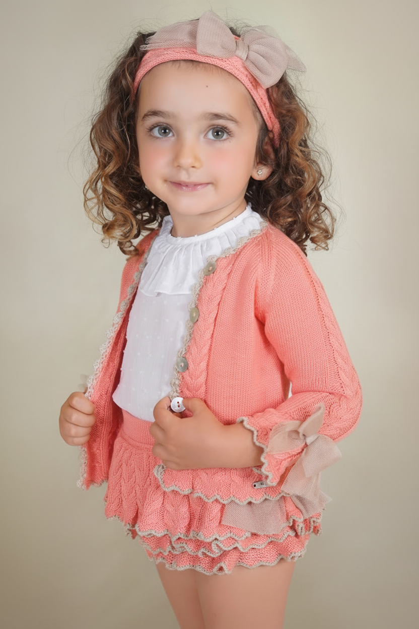 Rahigo girls salmon and camel jam pants, cardigan and white cotton blouse 