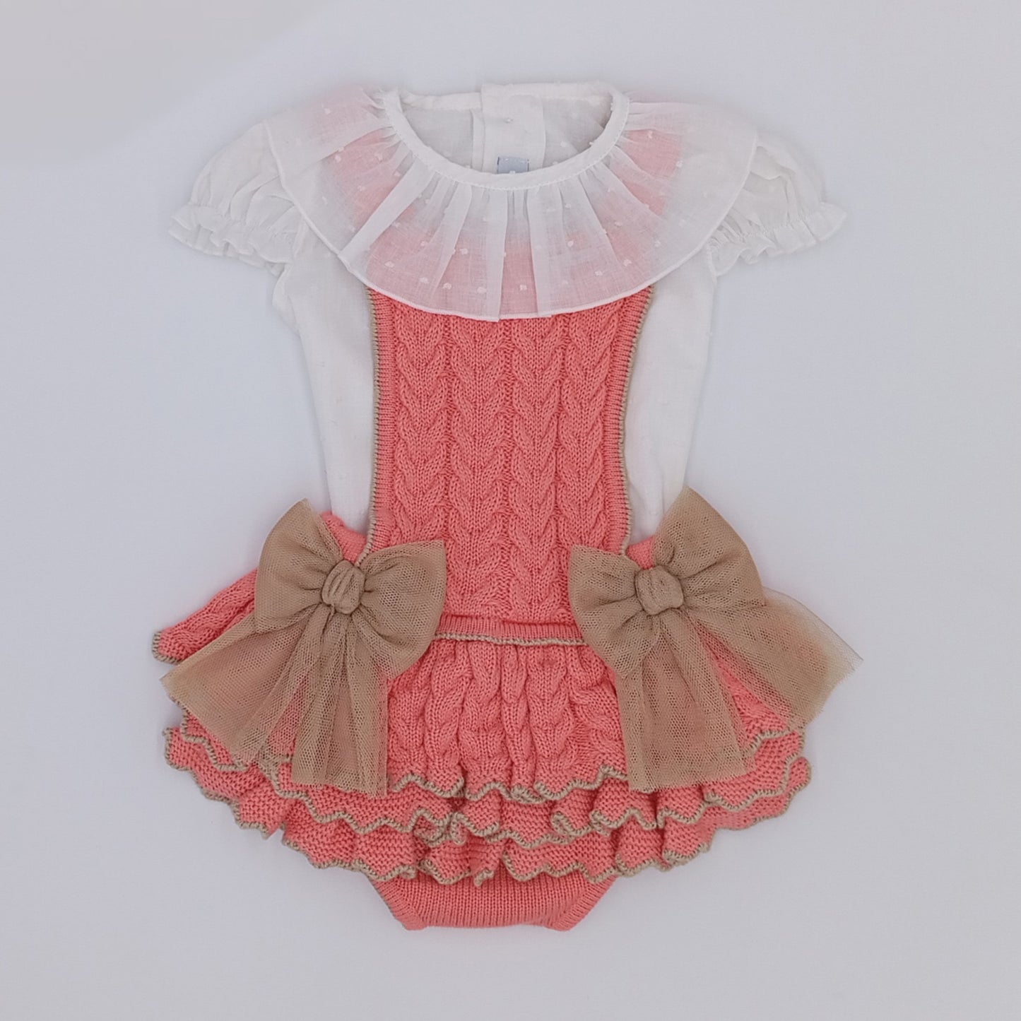 Rahigo baby girls salmon pink and camel romper with white grill collar blouse 